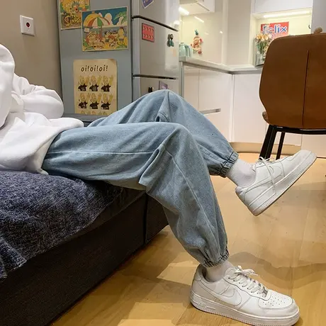复古束脚牛仔裤男夏季薄款高街潮牌宽松韩版潮流修身小脚九分裤子商品大图