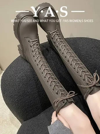 长筒靴女2023年冬季新款瘦瘦绑带厚底马丁靴不过膝皮靴高筒骑士靴图片