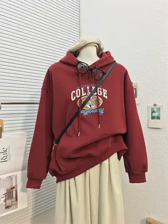 秋冬新款保暖加绒加厚遮臀连帽卫衣女韩版做旧兔子印花宽松上衣服图片