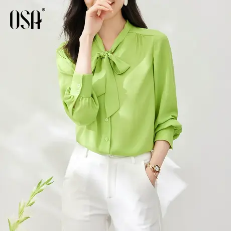 OSA欧莎绿色飘带雪纺衬衫上衣秋装女士2023年新款灯笼袖气质衬衣商品大图