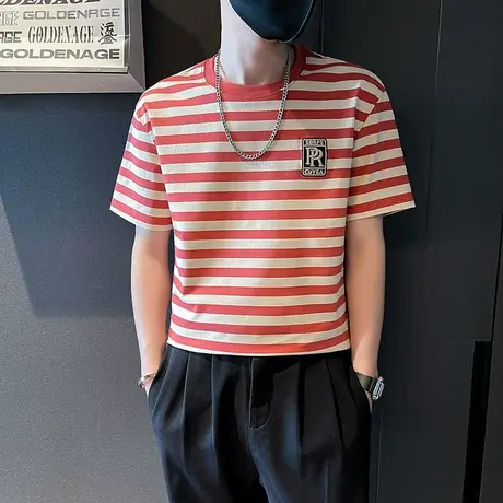 夏季条纹T恤ins潮牌短袖2023新款半截袖男装痞帅气上衣海魂衫百搭商品大图