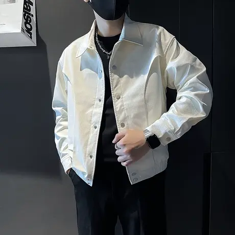 高级感夹克男春秋季2023新款纯色华夫格潮牌翻领工装外套休闲褂子商品大图