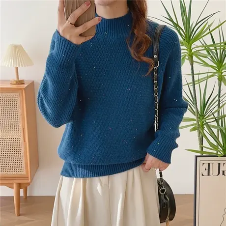 加厚毛衣半高领套头2023年秋冬新款插肩袖针织衫亮片内搭女装洋气商品大图