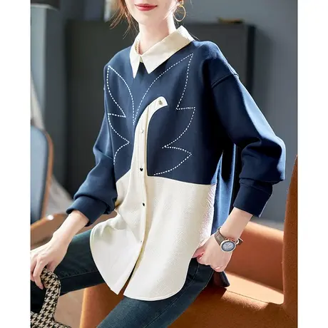 宝诗黎POLO领钉钻拼接套头卫衣女早春2025新款宽松落肩百搭上衣商品大图