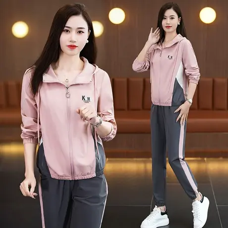 休闲运动服套装女春秋2024年新款时尚梭织连帽薄款跑步跳操两件套图片