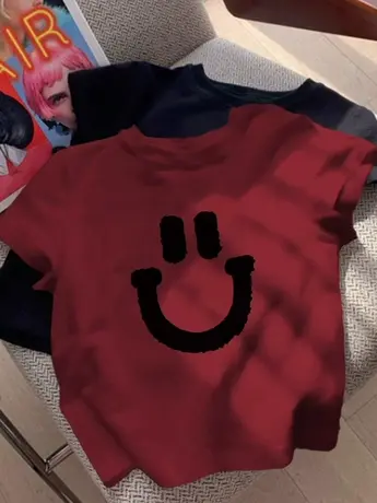 韩版复古酒红色笑脸印花短袖T恤女早春2024新款修身显瘦正肩上衣商品大图