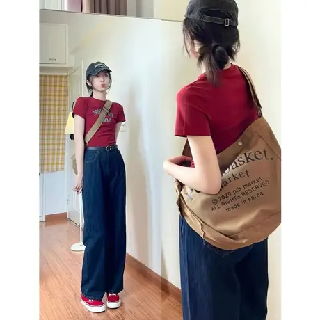 酒红色正肩短袖T恤女ins纯棉春夏季2023新款美式复古港味chic上衣商品大图