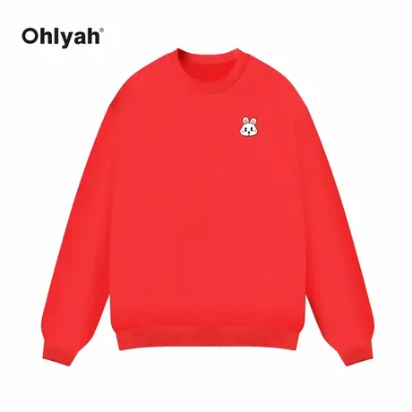 Ohlyah国潮兔年衣服兔子图案潮牌印花无性别男女红色套头团队卫衣图片