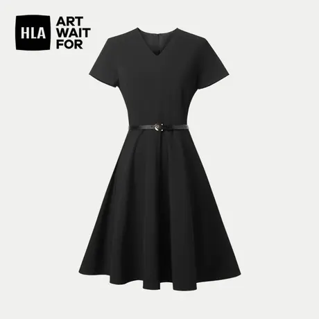 HLA/海澜之家时尚V领连衣裙2024春夏新款收腰显瘦通勤裙子女装图片