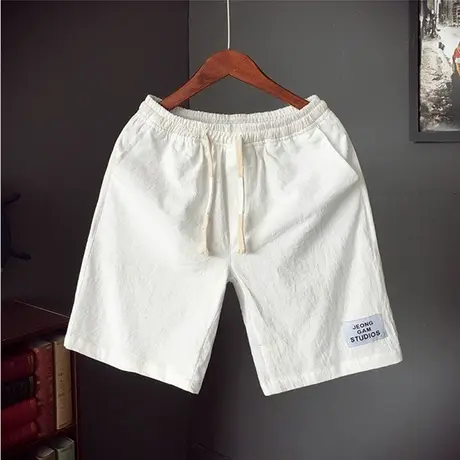 夏季短裤男士棉麻休闲裤宽松松紧沙滩裤潮流5分裤白色中裤五分裤商品大图