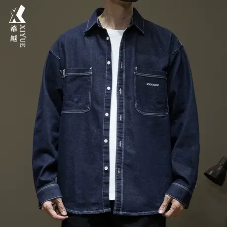 希越复古水洗牛仔衬衫男春夏款宽松大码男士潮牌百搭夹克工装外套商品大图