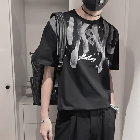 高街网红个性涂鸦短袖T恤夏季潮牌嘻哈痞帅字母半袖上衣潮流体恤商品大图