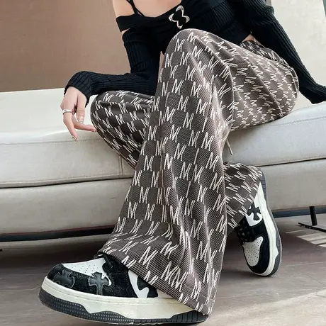 咖色格子阔腿裤女夏季薄款2024年新款花纹宽松高腰垂感休闲直筒裤图片