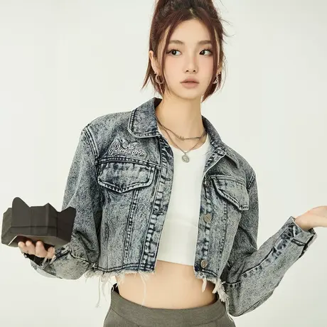 YEP短款牛仔外套女春秋设计感小众复古小个子上衣小众设计感夹克图片