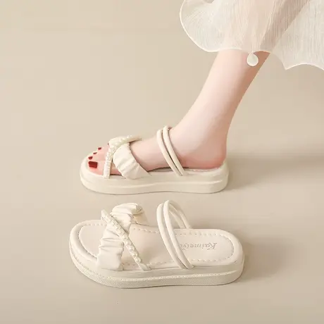 夏季外穿拖鞋女新款2024法式珍珠仙女风两穿平厚底小香风时装凉鞋商品大图