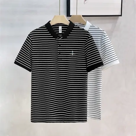 高品质POLO衫男士短袖简潮商务休闲黑白条纹小翻领半袖棉透气t恤商品大图