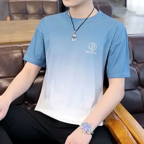 渐变色冰丝t恤男短袖夏季男款土半袖圆领绿色帅气青少年凉感体恤商品大图