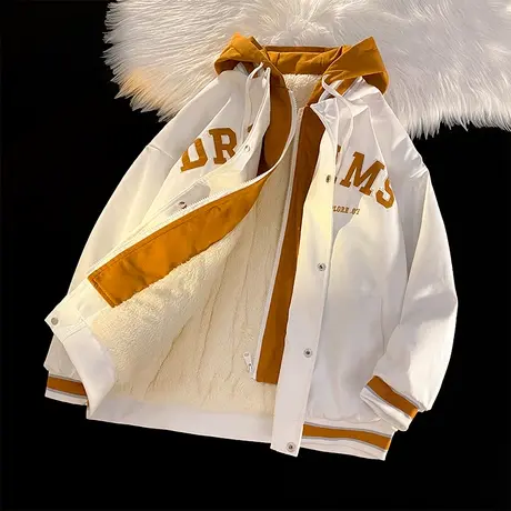 秋冬季加绒外套男撞色拼接连帽棒球服保暖休闲夹克加厚宽松上衣服商品大图