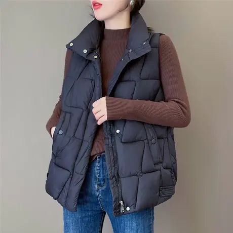 菱形格羽绒棉马甲女2023年冬季新款宽松黑色马夹外搭背心坎肩外套图片