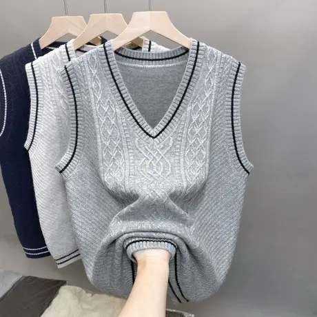 2023秋装新款女装针织马甲女ins叠穿无袖毛衣背心宽松撞色V领坎肩商品大图