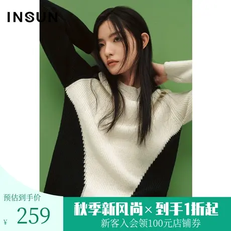 恩裳COVER冬季2022时尚不对称撞色几何拼接镂空设计感毛织衫商品大图