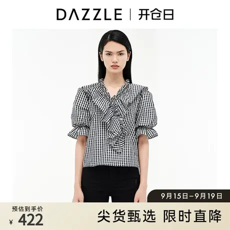 DAZZLE地素奥莱 法式泡泡袖荷叶边格纹衬衫上衣女2D3D3193S商品大图