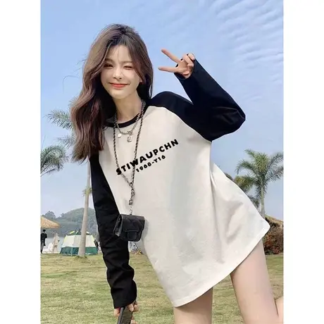 插肩袖纯棉长袖t恤女宽松2023年秋冬新款内搭黑白撞色上衣打底衫图片