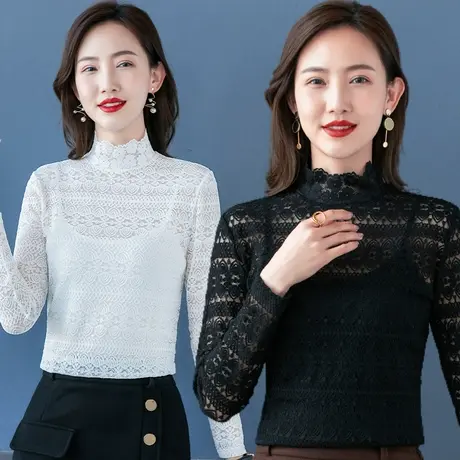 半高领蕾丝打底衫女秋冬新款内搭网纱上衣白色缕空蕾丝长袖上衣女图片