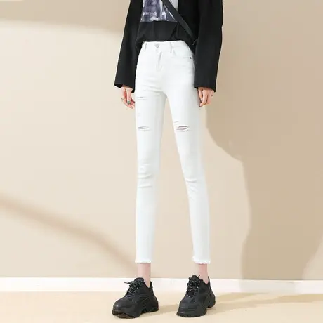 白色牛仔裤女春夏小脚2023新款韩版高腰显瘦九分裤百搭破洞女裤子商品大图