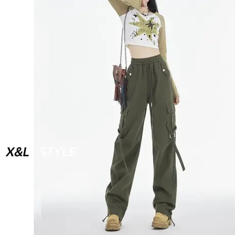 军绿工装裤女秋2023新款秋设计感松紧腰高腰显瘦百搭抽绳休闲裤子图片