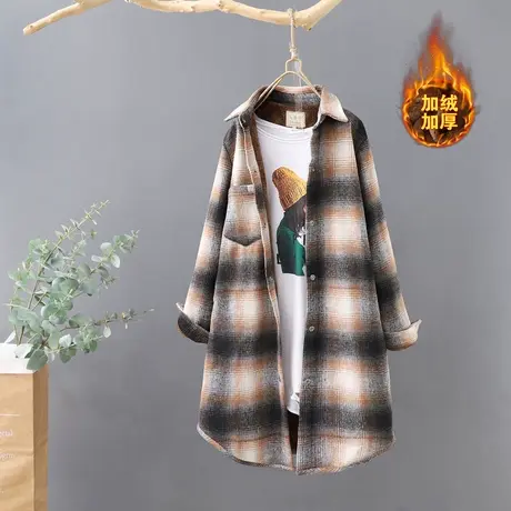 韩版中长款加绒格子衬衫女秋冬新款长袖宽松外套衬衣加厚棉衣上衣图片
