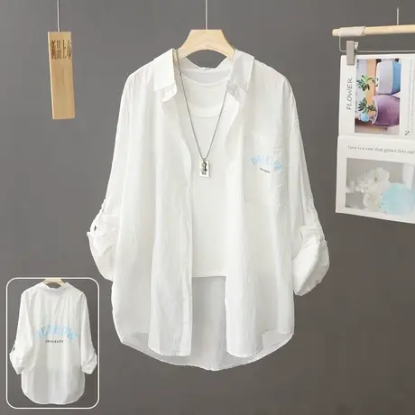 白色纯棉衬衫夏女中长款防晒衣2023新款宽松衬衣=薄款防晒衫外套商品大图