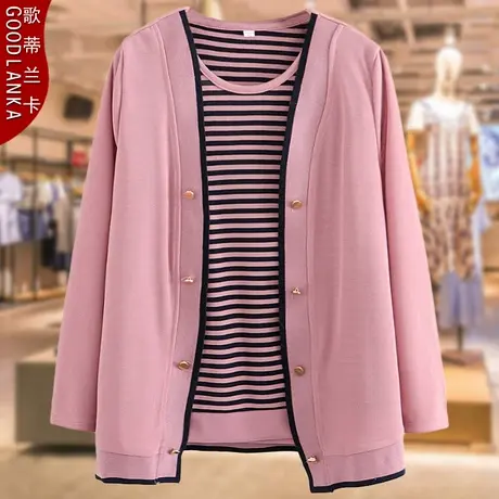 40-50岁中年妈妈春装针织两件套大码宽松时尚条纹T恤开衫休闲外套商品大图