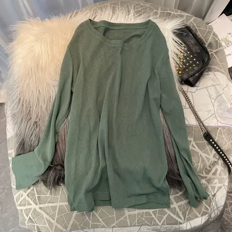 纯色透气打底衫女韩国春秋季长袖上衣韩版显瘦圆领开叉洋气T恤女商品大图