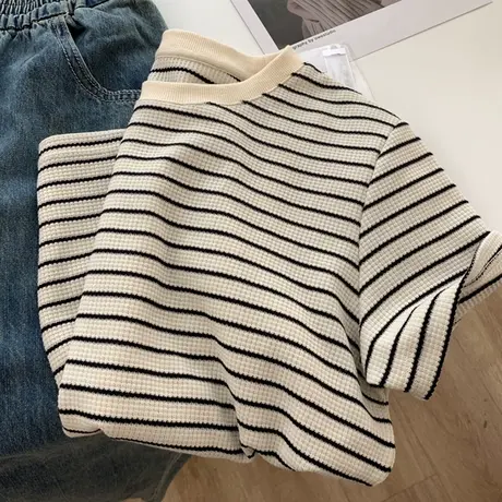 华夫格条纹短袖T恤女夏季韩系港风体恤ins潮学生宽松百搭半袖上衣商品大图