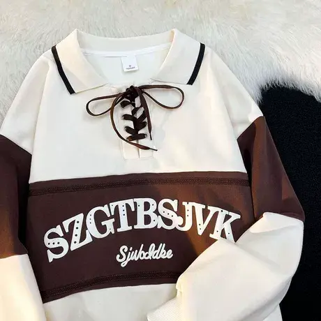 美式复古polo衫卫衣女秋冬季加绒加厚ins潮牌宽松设计感大码上衣图片