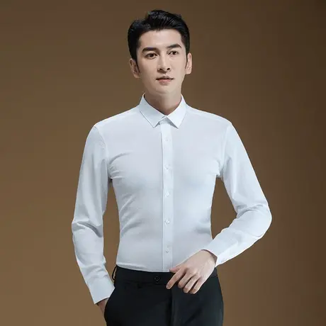 POWO长袖衬衫男士商务休闲白色潮流泡泡纱青年修身衬衣免烫秋款图片