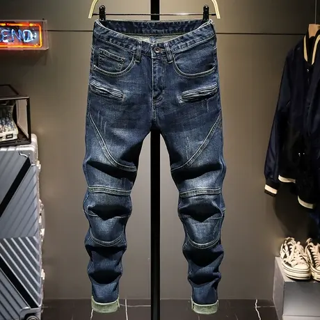 春夏款拼接牛仔裤男裤潮牌修身小脚裤子弹力韩版复古高端机车显瘦商品大图