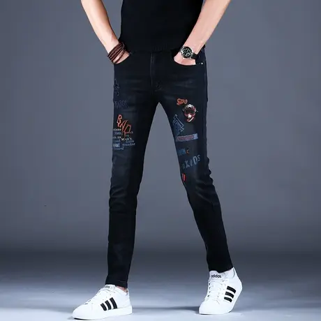 烟灰色刺绣花牛仔裤男美式高街男款秋款新款休闲裤子男士弹力男款商品大图