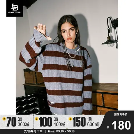 Lilbetter破洞毛衣男美式复古条纹外套宽松套头线衣慵懒风针织衫商品大图