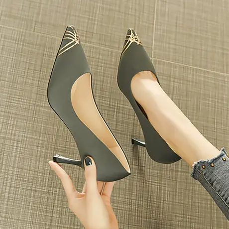 春季百搭细跟网红高跟鞋女性感职业ol女鞋2023年新款金属尖头单鞋商品大图