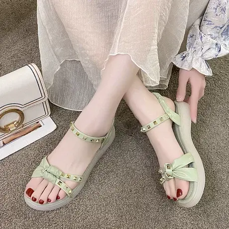 2023年新款夏季罗马鞋松糕厚底凉鞋少女铆钉平底增高女沙滩鞋潮商品大图