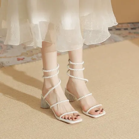 蛇形缠绕一字带珍珠凉鞋2023年夏季新款仙女风气质时尚高跟凉拖鞋图片