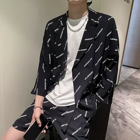 夏季男士男式西服两件套短裤发型师克修身花色网红潮牌个性套装图片