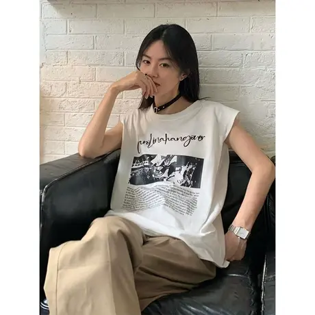 美式复古纯棉吊带运动坎肩背心无袖t恤女夏外穿宽松港风挂脖上衣商品大图