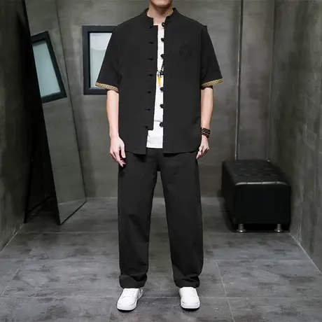 两件套男夏季中国风棉麻套装复古民族风盘扣短袖衬衫长裤一套衣服商品大图