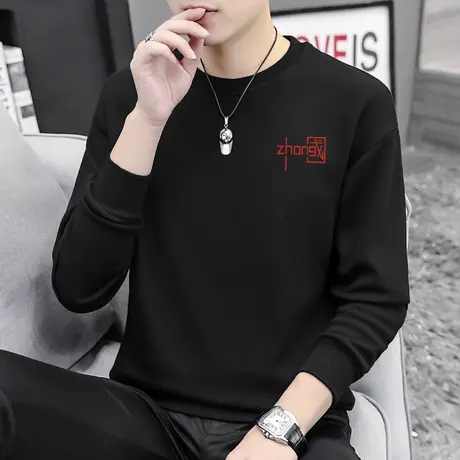 男生卫衣中国潮流春秋季加绒加厚保暖秋冬款黑色圆领无帽长袖t恤商品大图
