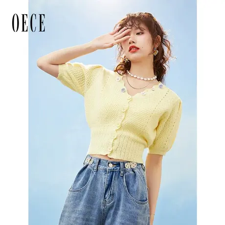 Oece针织衫女短袖夏季新款女装法式小众小衫泡泡袖开衫上衣春商品大图