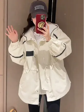 宽松工装风衣外套女2023年春秋季新款连帽高级感收腰冲锋衣上衣潮图片