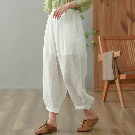 dza 高腰显瘦苎麻休闲裤女2023夏九分灯笼裤阔腿裤宽松棉麻哈伦裤图片